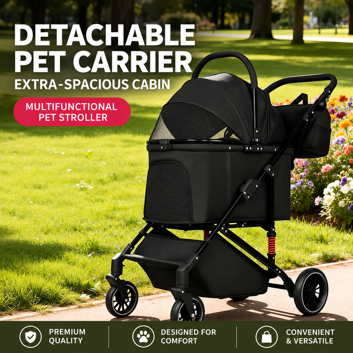 Easy-Fold Dog Stroller with Detachable Basket for Small Dogs