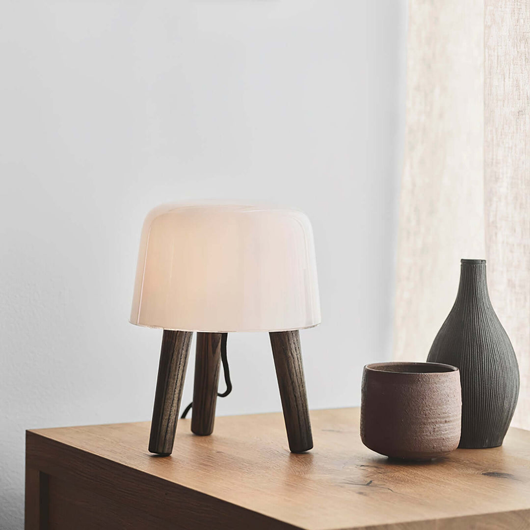 Wooden Tripod Table Lamp with Glass Shade