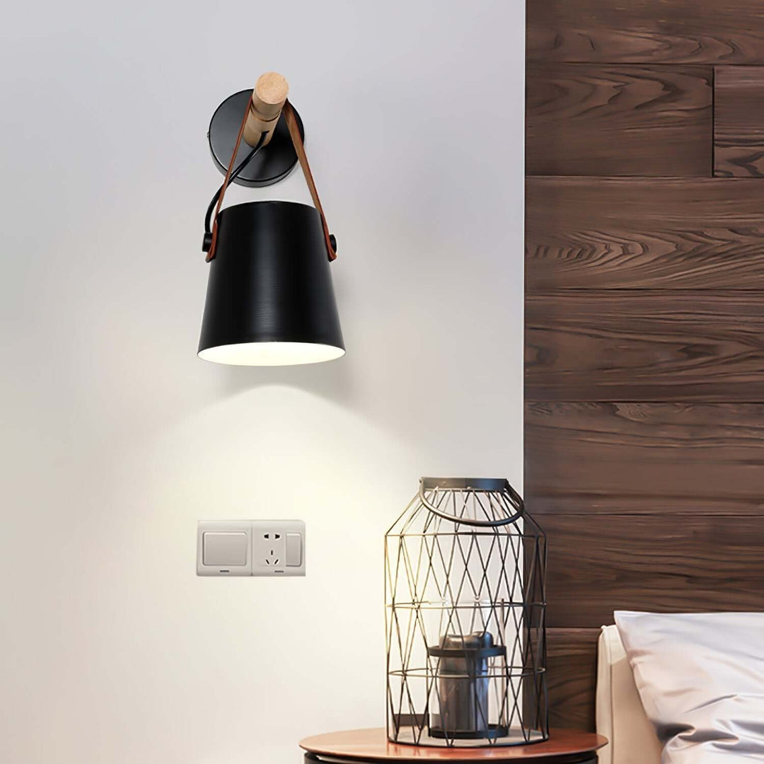 Conical Wooden Wall Light with Leather Strap