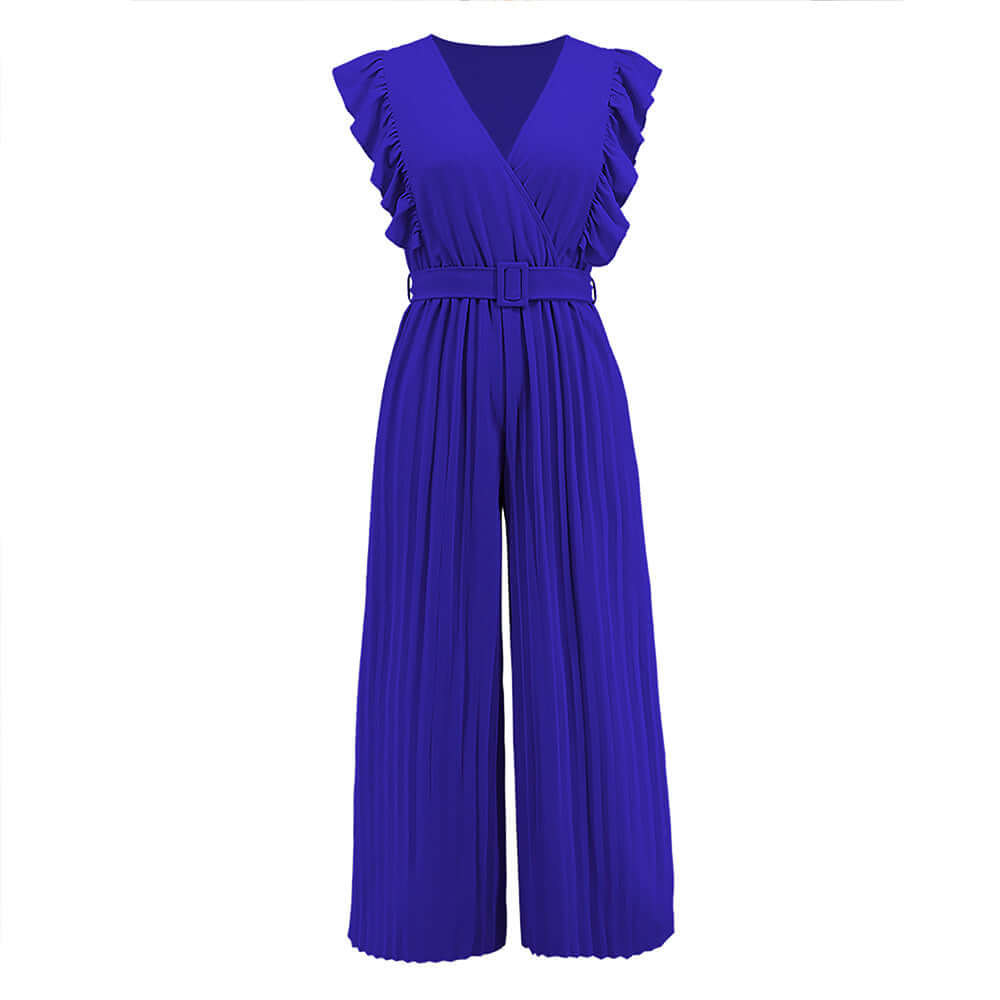 Women's Ruffled V-Neck Jumpsuit with Belt