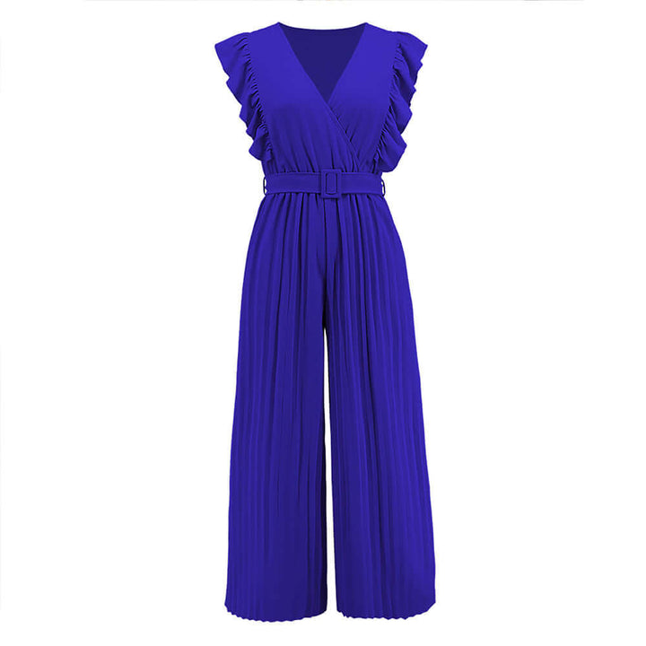 Women's Ruffled V-Neck Jumpsuit with Belt