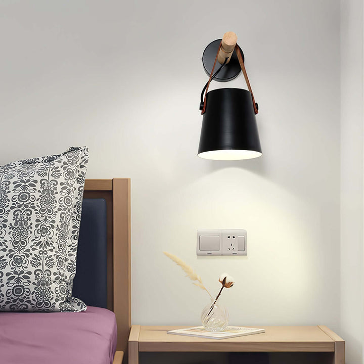 Conical Wooden Wall Light with Leather Strap