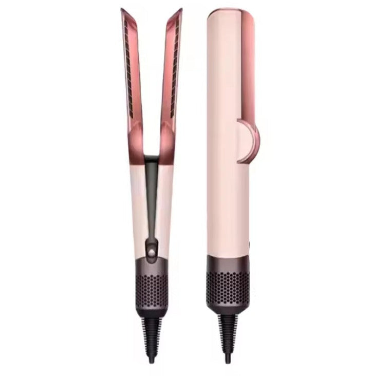 "2-in-1 hair dryer and straightener in blue and gold-gray, sleek design, with customizable heat settings, lightweight for tra