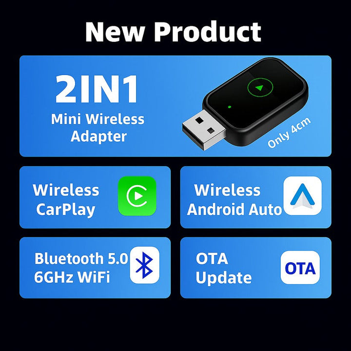2-in-1 Wireless CarPlay & Android Auto adapter, compact design, seamless connectivity, clutter-free, plug-and-play solution.