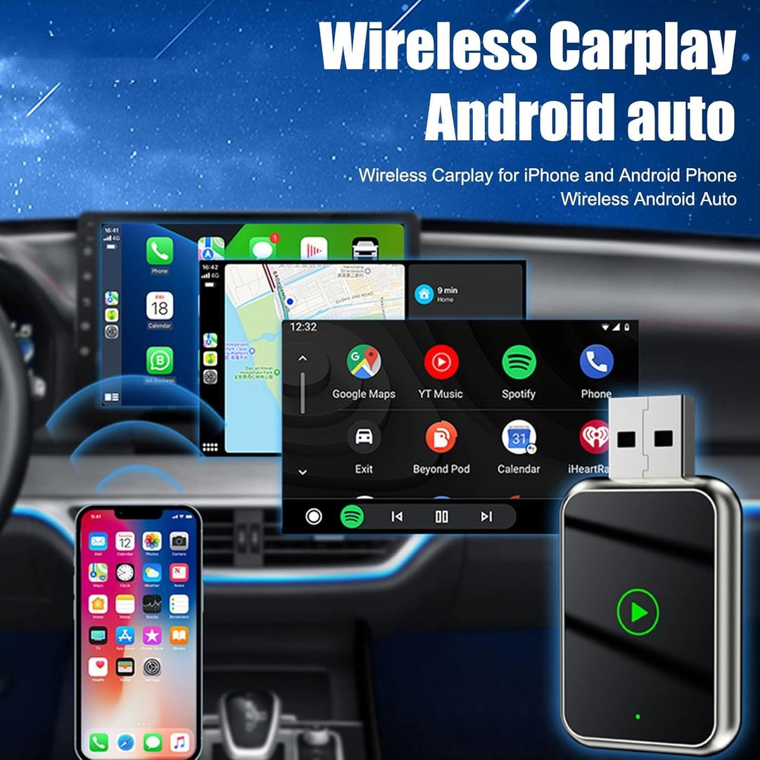 2-in-1 Wireless CarPlay & Android Auto adapter, compact design, seamless connectivity, clutter-free, plug-and-play solution.