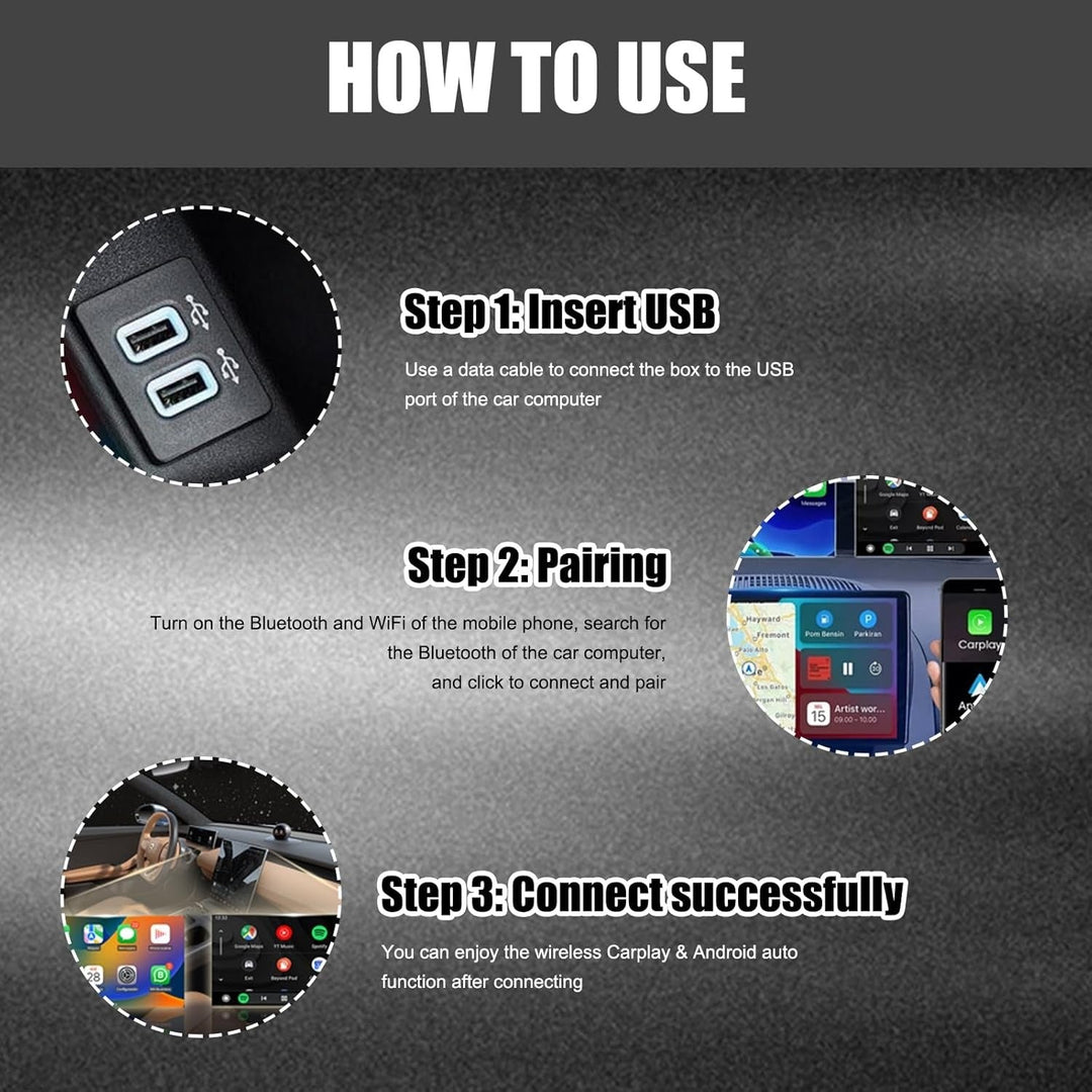 2-in-1 Wireless CarPlay & Android Auto adapter, compact design, seamless connectivity, clutter-free, plug-and-play solution.