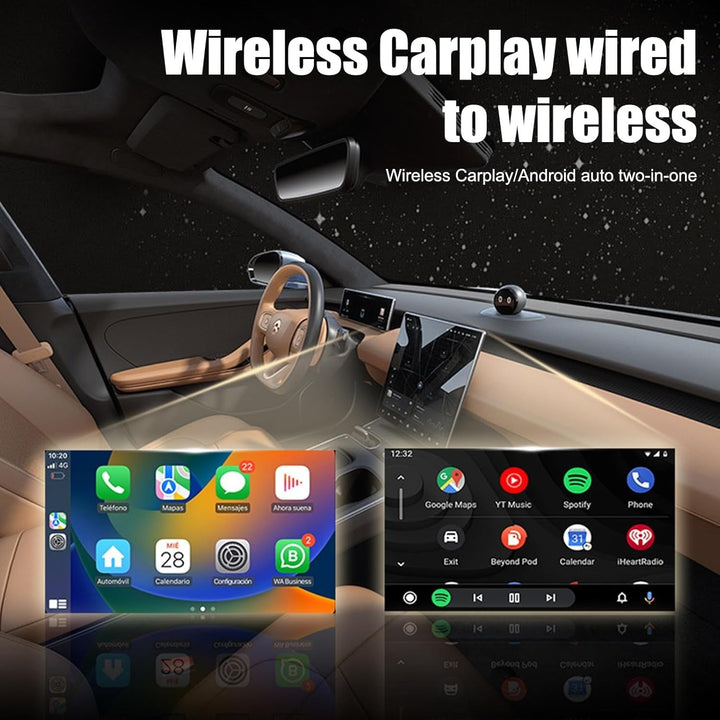 2-in-1 Wireless CarPlay & Android Auto adapter, compact design, seamless connectivity, clutter-free, plug-and-play solution.