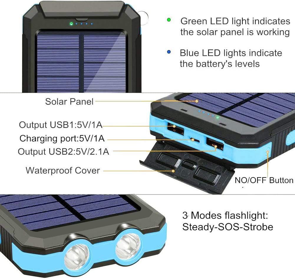"20000mAh solar power bank with built-in light, weather-resistant, sleek design, ideal for travel and outdoor activities."