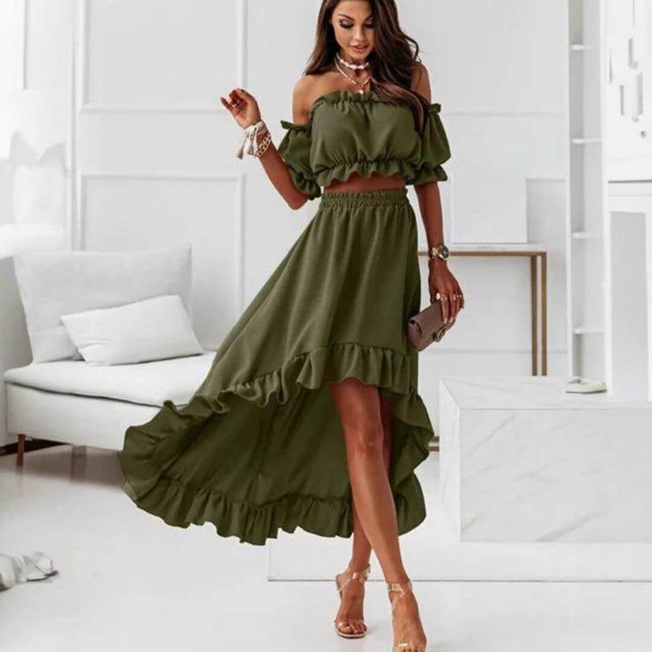 Women's Off-Shoulder Frill Crop Top & High-Low Skirt Set