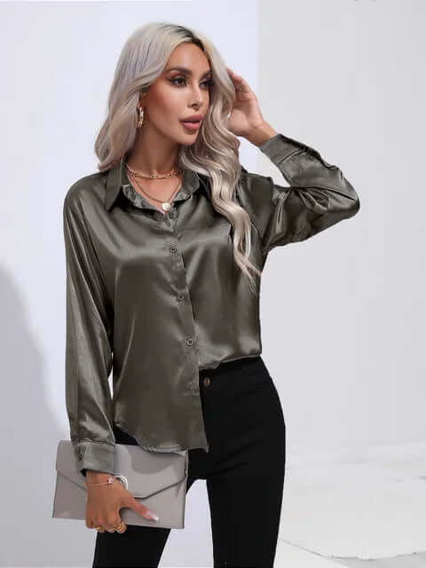 Women's Satin Loose Fit Long Sleeve Blouse