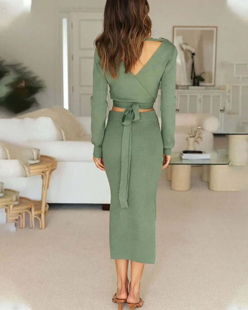 Women's Ribbed Knit Two-Piece Set: Crop Top & Midi Skirt