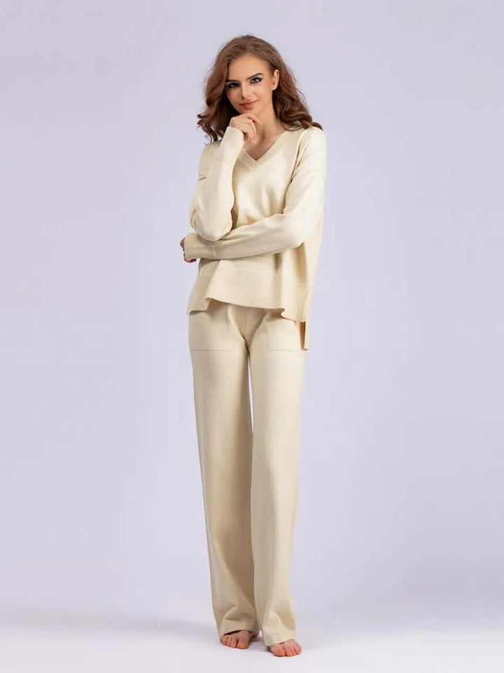 Women's V-Neck Sweater and Wide-Leg Trousers Set