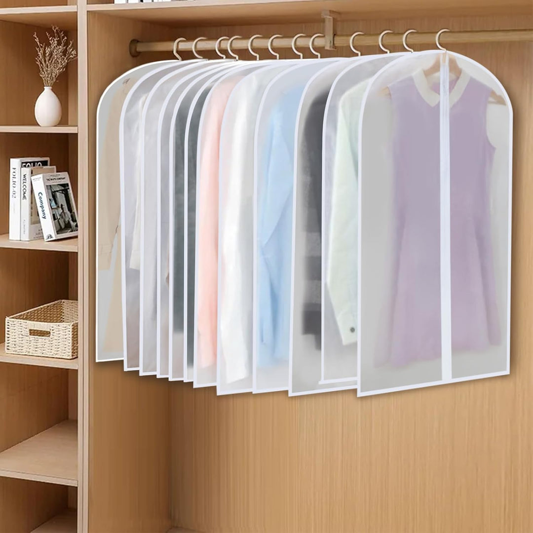 Clear view 24-pack PEVA garment covers for easy identification and dust-free clothing storage.
