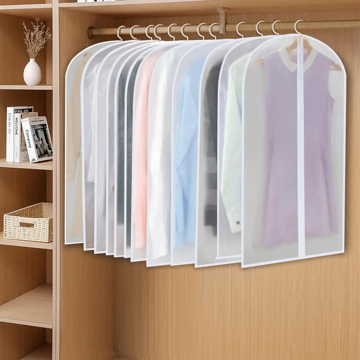 Clear view 24-pack PEVA garment covers for easy identification and dust-free clothing storage.