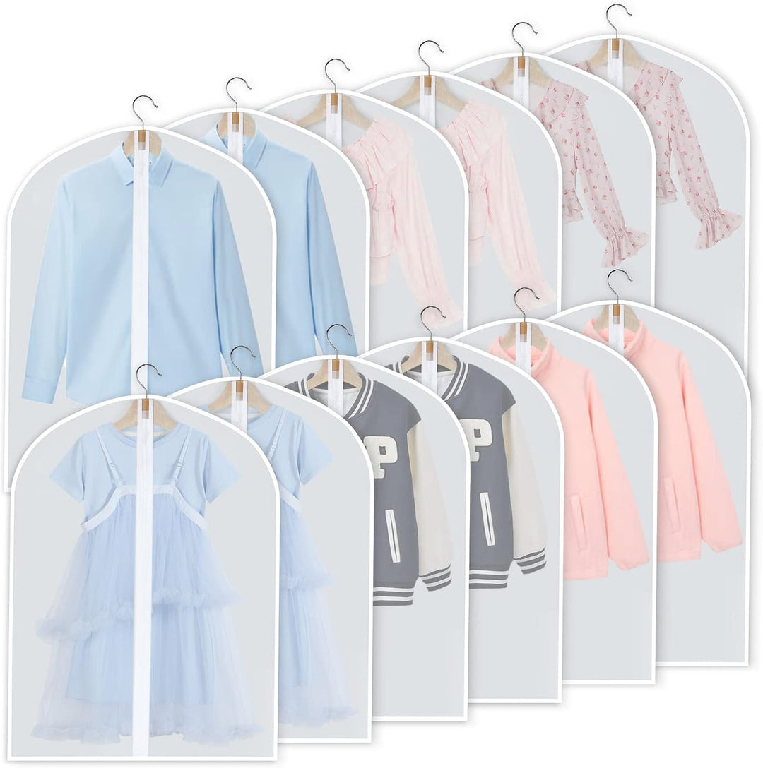 Breathable PEVA garment covers, 24-piece set, for effective wardrobe organization and dust proofing.