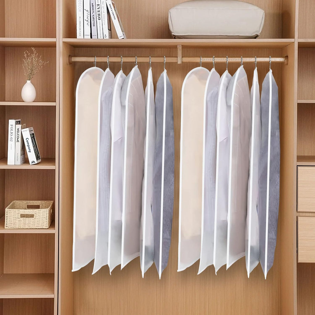 Secure your seasonal clothes with 24 PEVA hanging garment bags, protecting from dust & dirt.