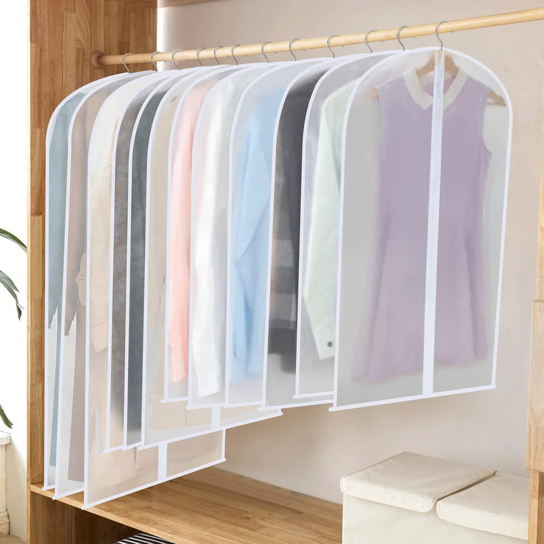 Dust-proof PEVA hanging clothes bags, 24-pack, in 3 sizes for wardrobe organization.