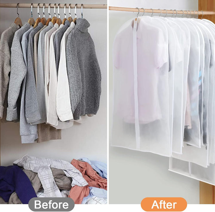 Clear PEVA garment covers, 24-pack, for visible and protected hanging clothing storage.