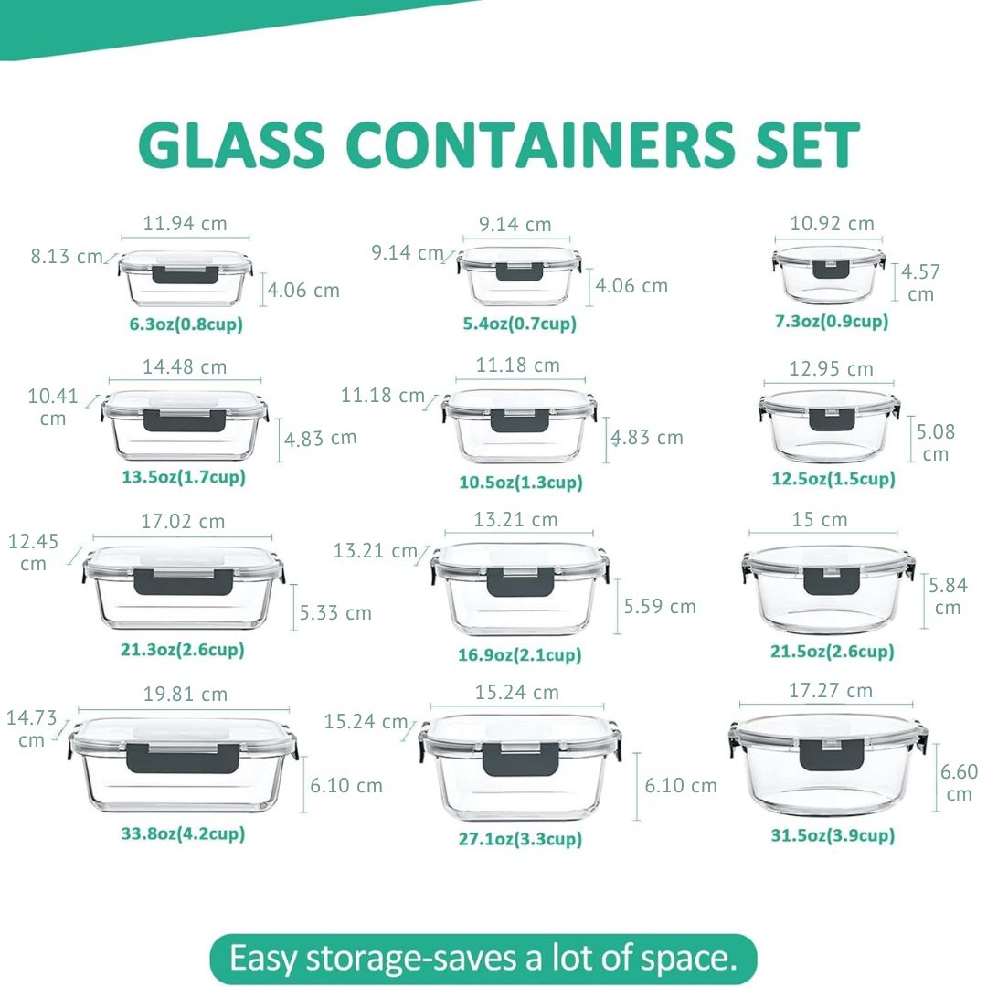 Kitchen essential: 24-piece airtight glass food storage container set for meal prep.