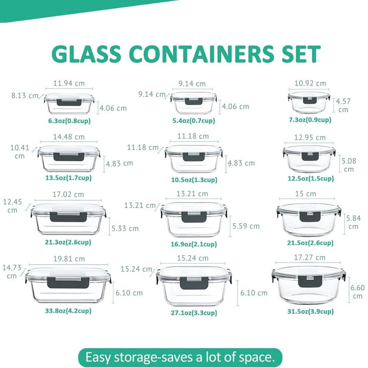 Kitchen essential: 24-piece airtight glass food storage container set for meal prep.