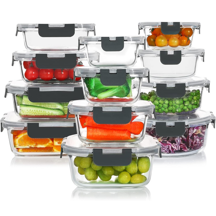 Complete 24-piece glass food storage set, stackable & airtight for fresh meals.