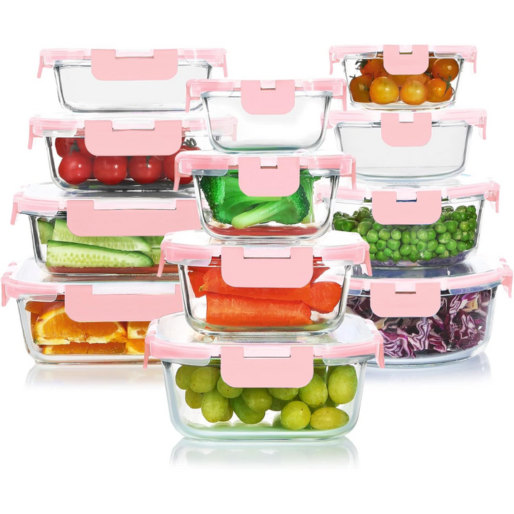 Essential 24-piece glass food storage containers for versatile kitchen organization.