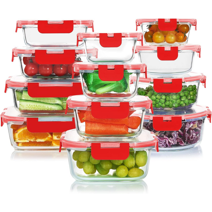 Premium 24-piece airtight glass food storage set, ideal for meal prep & fresh keeping.