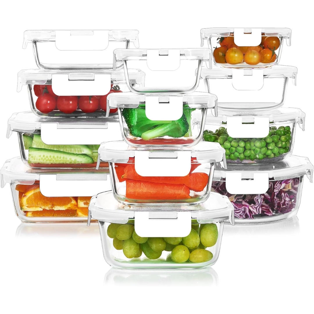 Reusable 24-piece glass food containers, BPA-free and airtight for healthy storage.