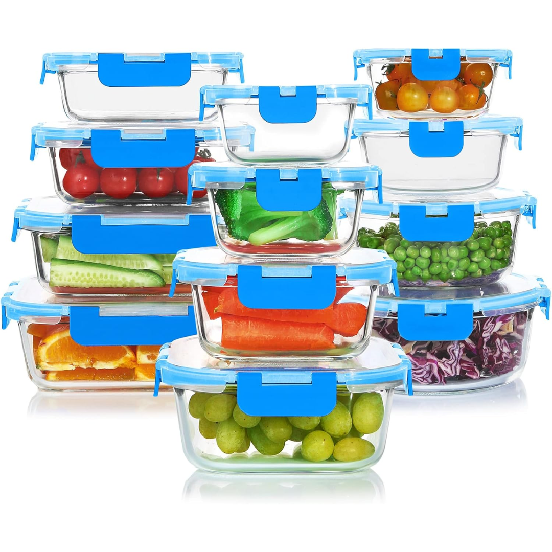 Large 24-piece set of stackable, airtight glass food storage containers.