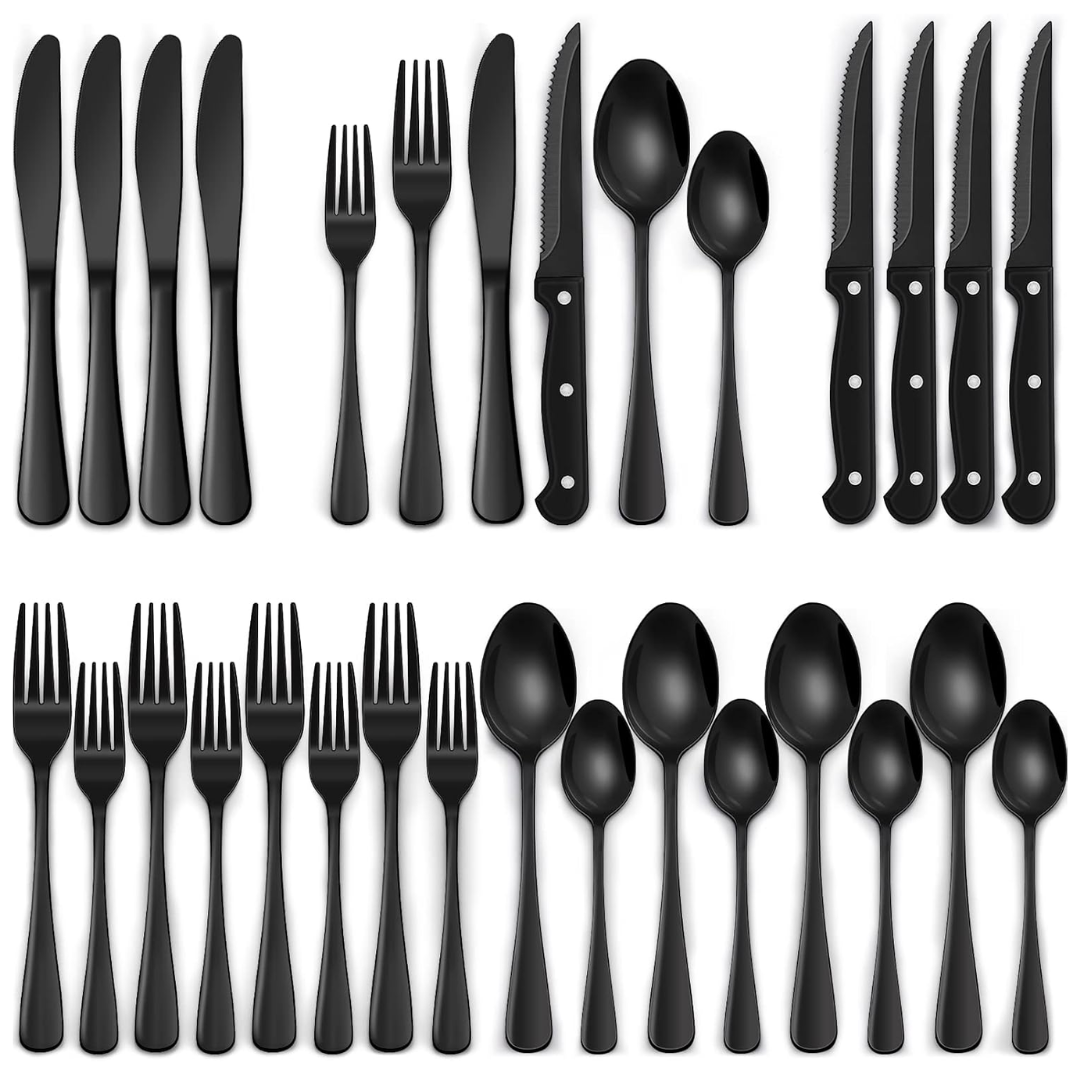 24-piece black stainless steel cutlery set for 4, perfect for modern dining table settings.