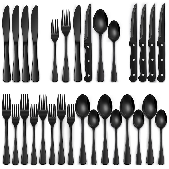 24-piece black stainless steel cutlery set for 4, perfect for modern dining table settings.