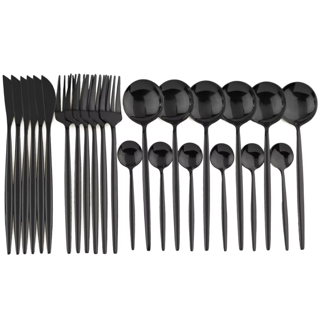 Sleek black stainless steel flatware set, 24 pieces for 4 people, enhancing any kitchenware collection.