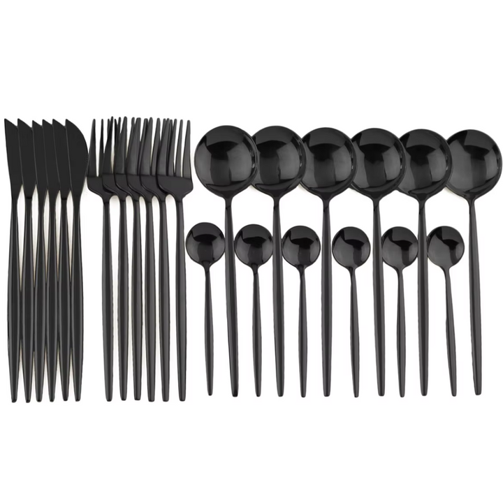 Sleek black stainless steel flatware set, 24 pieces for 4 people, enhancing any kitchenware collection.