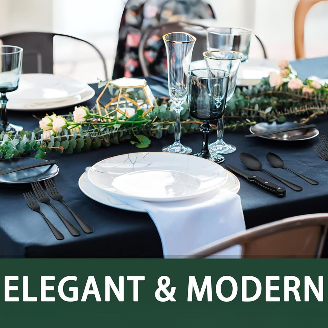 Modern design 24-piece black cutlery set, ideal for elegant dining and contemporary home decor.