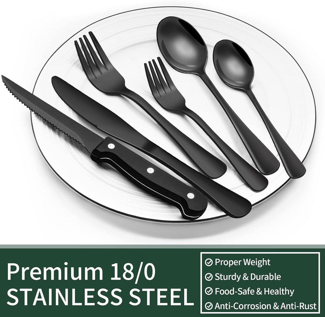 Complete 24-piece black stainless steel flatware set, including forks, spoons, and steak knives for 4.