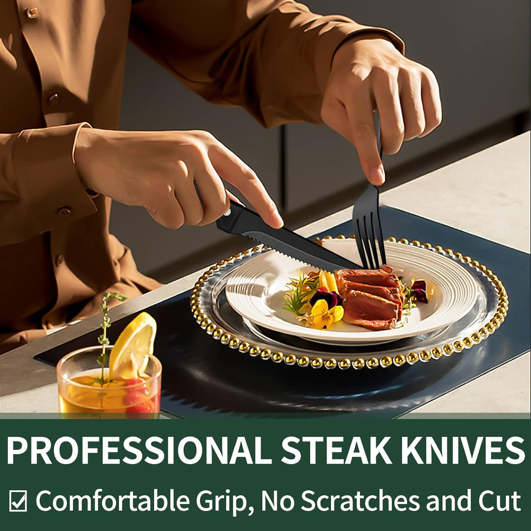 Stylish 24-piece black stainless steel cutlery set, a perfect gift for new homes or modern kitchen.