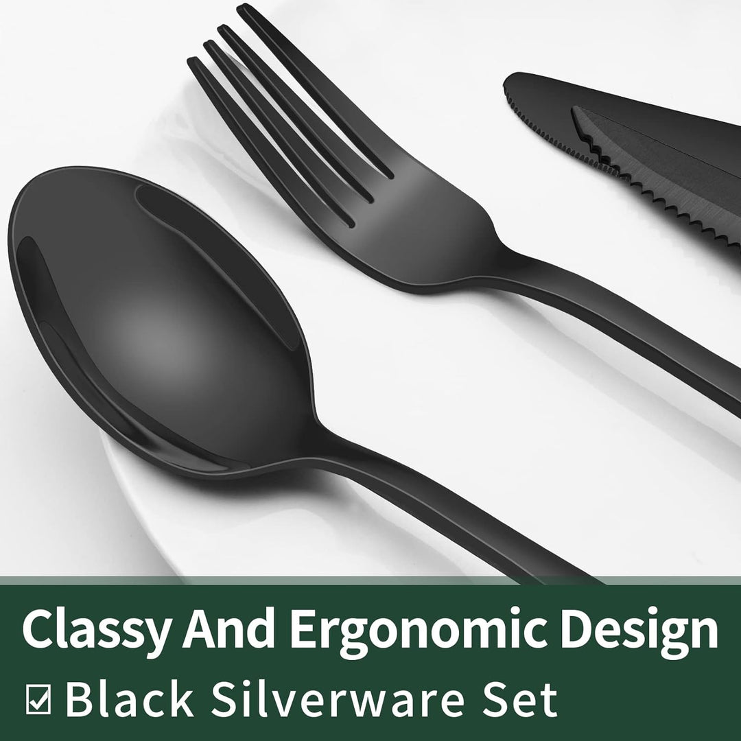 Enhance your table setting with this 24-piece black stainless steel flatware set for four, sleek and durable.