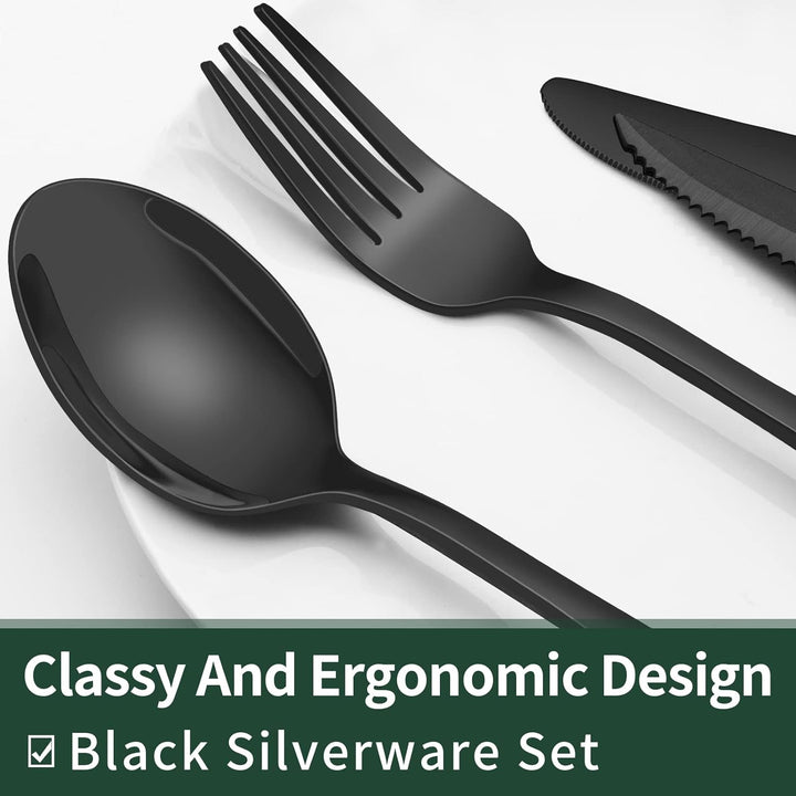 Enhance your table setting with this 24-piece black stainless steel flatware set for four, sleek and durable.