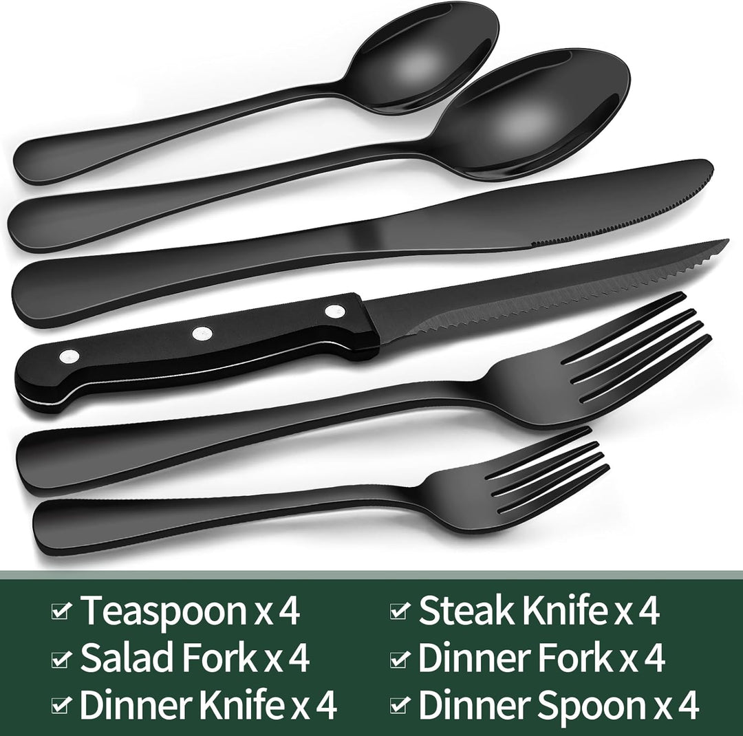 Durable 24-piece black stainless steel cutlery set, offering a chic, modern aesthetic for everyday dining.