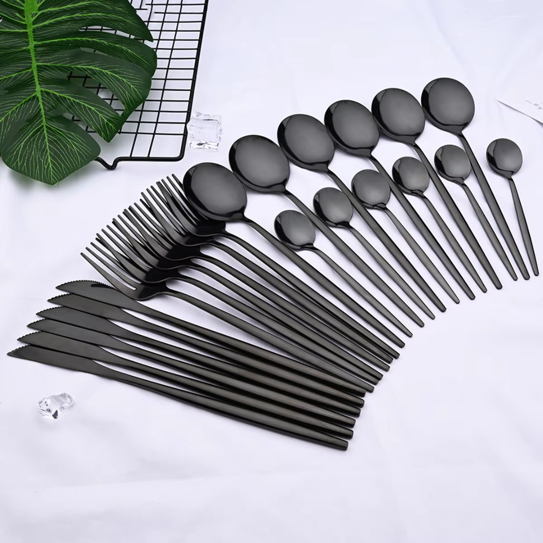 Essential 24-piece black stainless steel kitchenware set for 4, bringing modern design to your dinnerware.