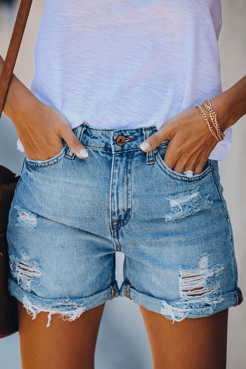 Women's Ripped Denim Shorts with Fringes
