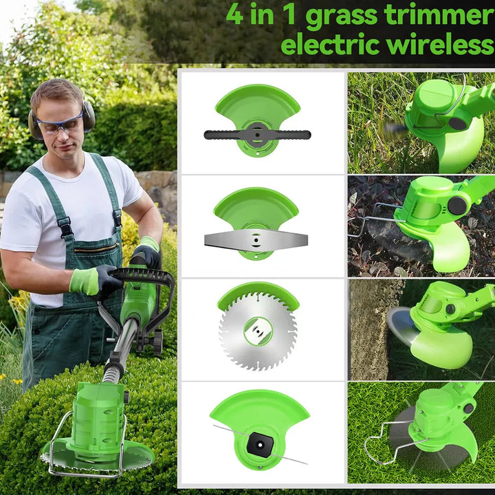 "24V cordless grass trimmer with adjustable head; lightweight, sleek design; ideal for trimming and edging in gardens."