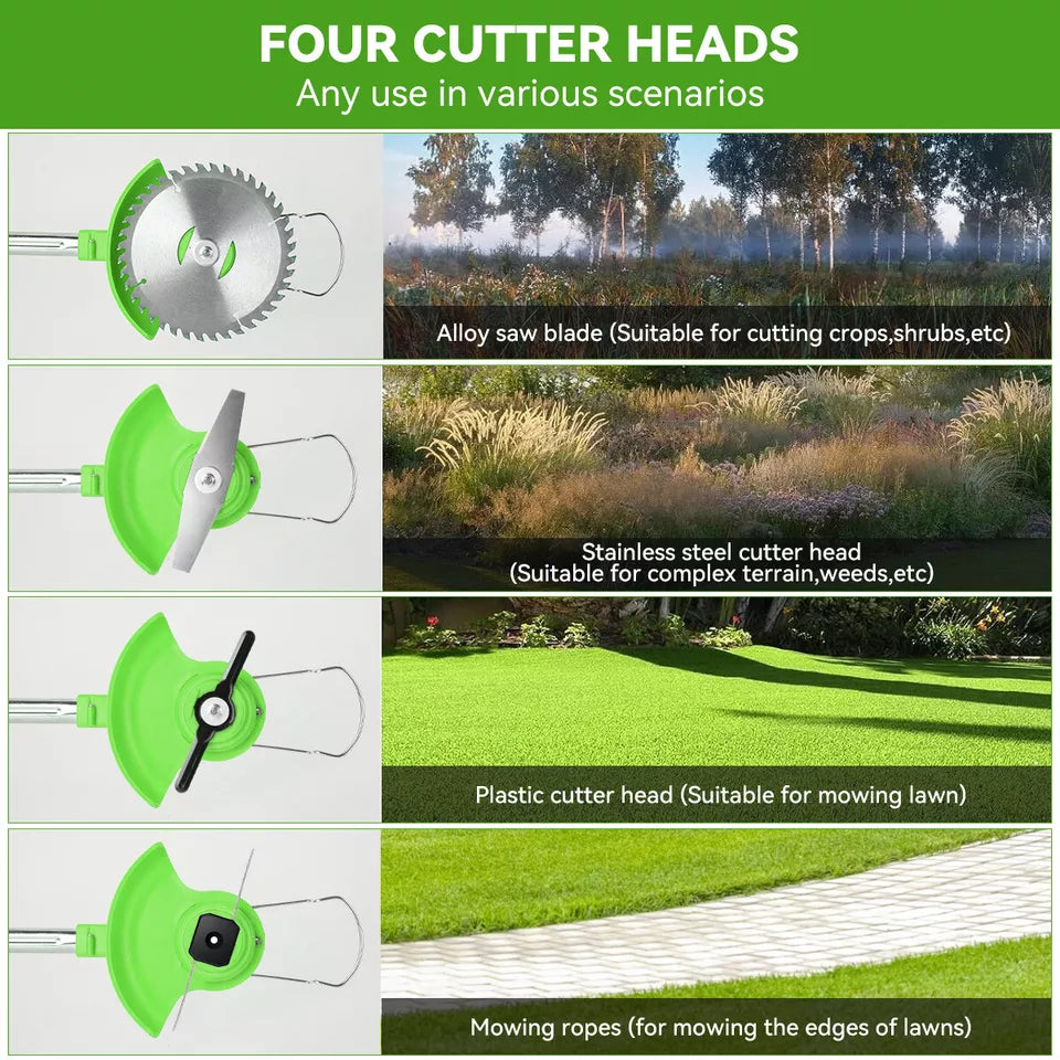 "24V cordless grass trimmer with adjustable head; lightweight, sleek design; ideal for trimming and edging in gardens."