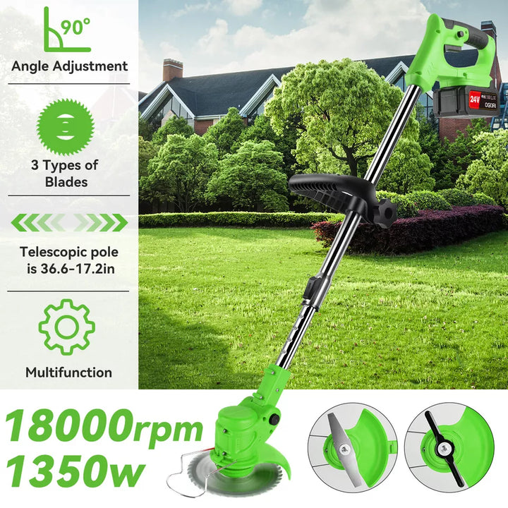"24V cordless grass trimmer with adjustable head; lightweight, sleek design; ideal for trimming and edging in gardens."