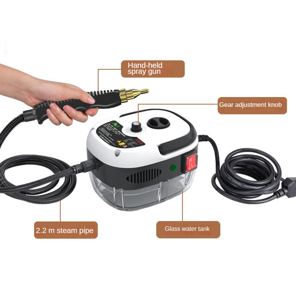 Multi-surface steam cleaner in action, tackling bathroom tiles with powerful 2500W high-pressure steam.