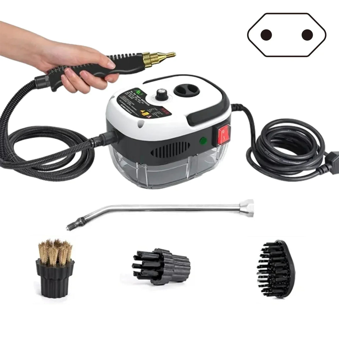 Powerful steam jet from 2500W high-pressure cleaner, demonstrating its deep cleaning capability.