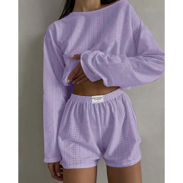 Women's Eyelet Knit Lounge Set - Crop Top & Shorts