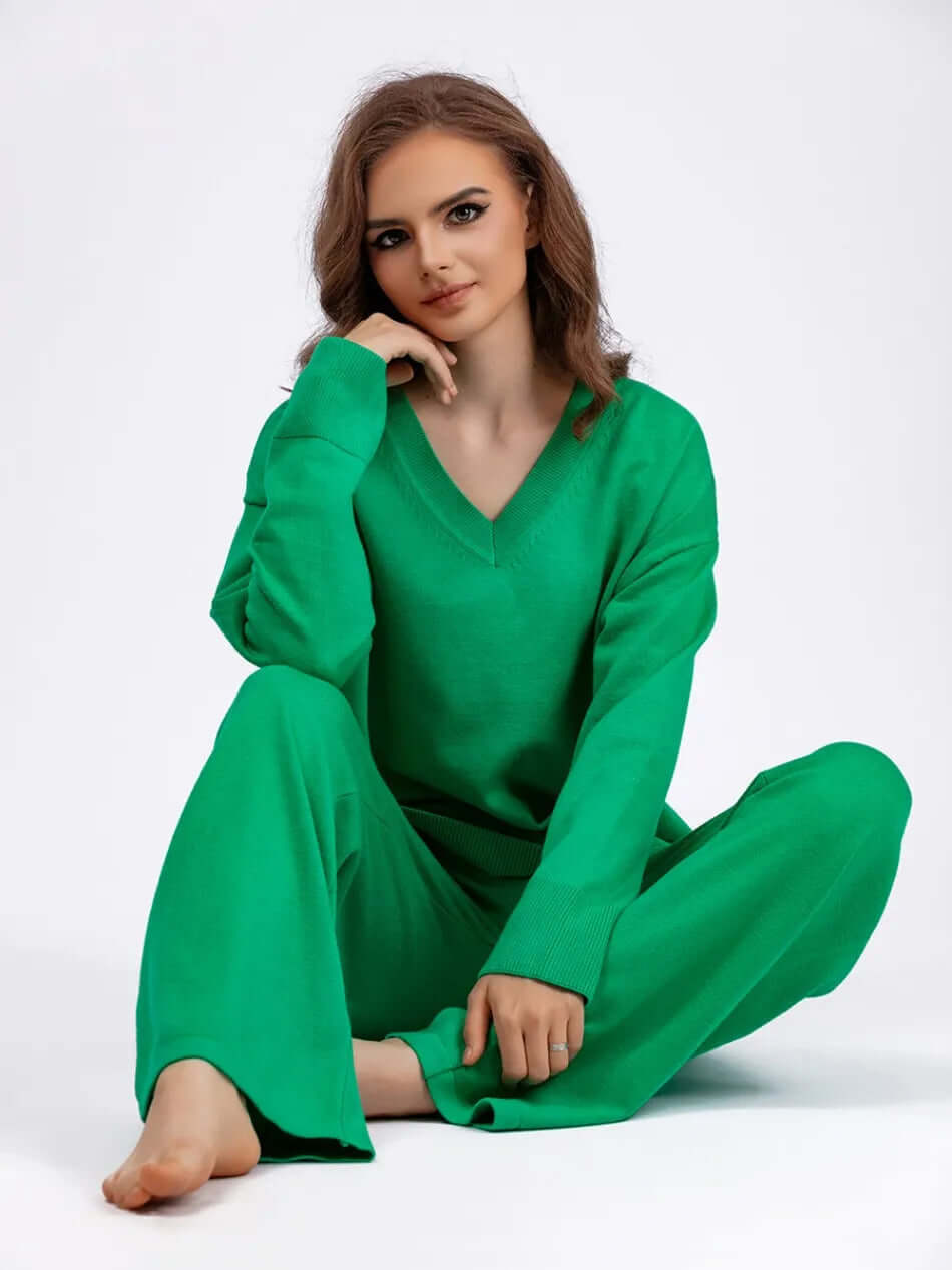 Women's V-Neck Sweater and Wide-Leg Trousers Set
