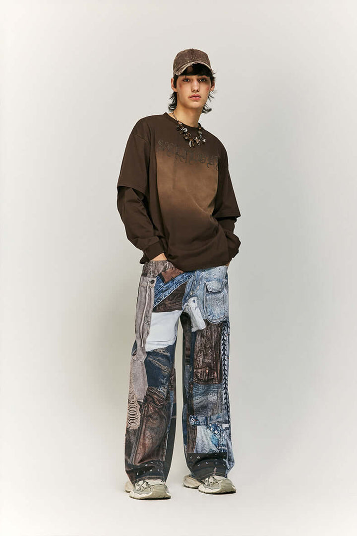 Women's Wide Leg Patchwork Print Trousers