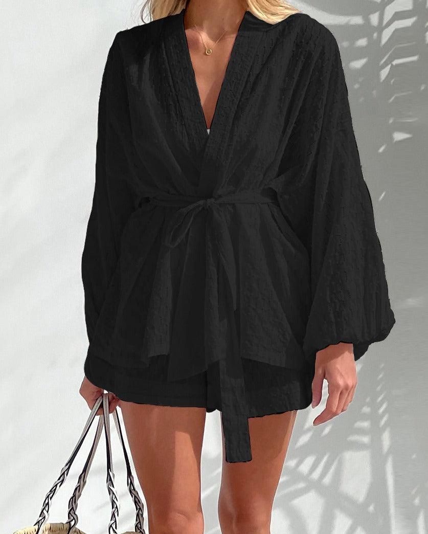 Women's Long Sleeve Kimono Top and Shorts Set
